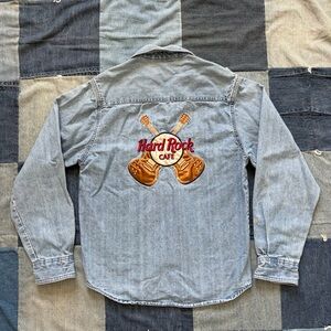 hard rock cafe vintage denim button up satin guitar patch embroidered size M W
